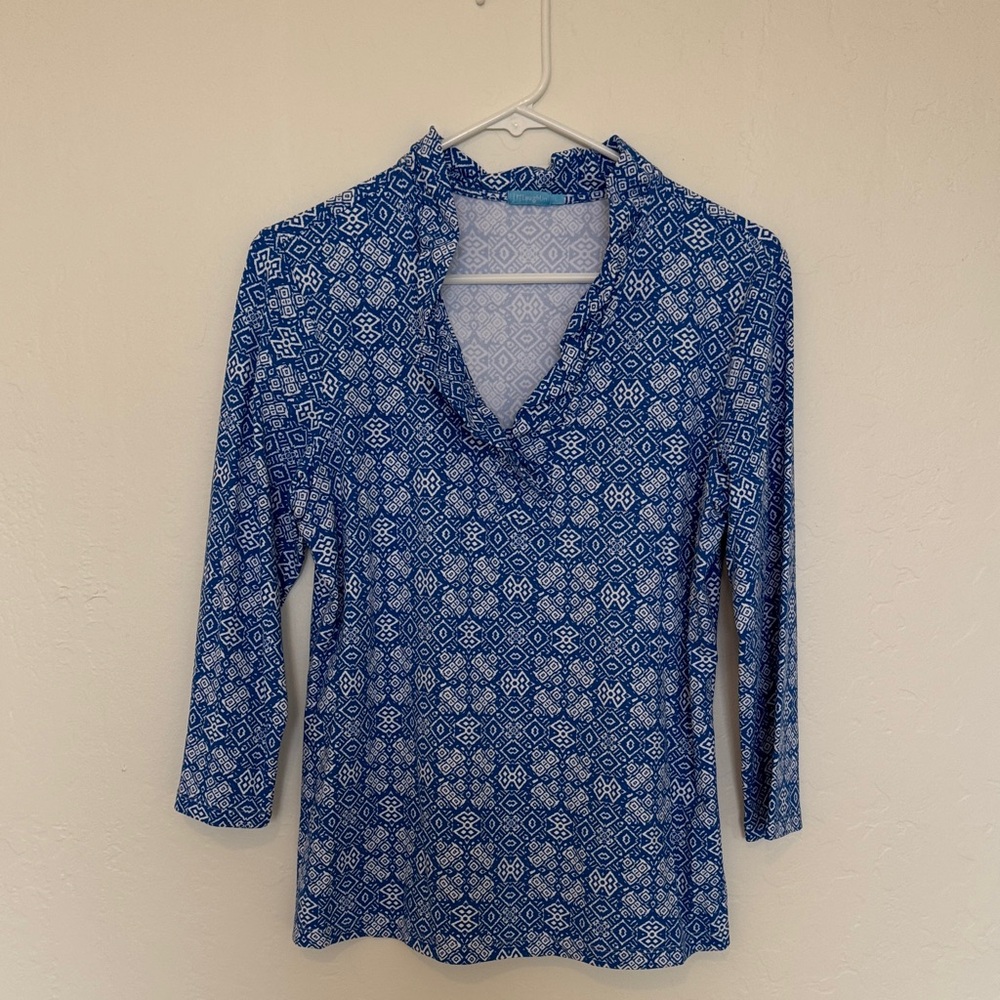 J. McLaughlin Navy and White Geometric Blouse